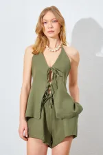 Kadın Haki Önü İp Bağlamalı Müslin Kumaş Bluzlu Şortlu Takım