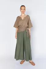 Kadın Haki Anvelop Model Keten Pantolon