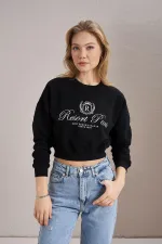 Kadın Siyah Resort Paris Baskılı Üç İplik Crop Sweatshirt
