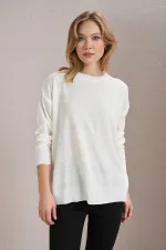 Kadın Ekru Bisiklet Yaka Basic Triko Kazak