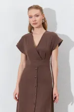 Kadın Kahve Kruvze Yaka Eteği Düğmeli Modal Elbise