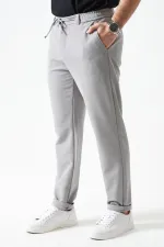 Erkek Gri Beli Yarım Lastikli Mendi Örme Jakar Pantolon