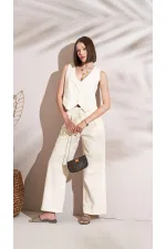 Kadın Naturel Önü Çift Pileli Palazzo Balıksırtı Gabardin Kumaş Pantolon