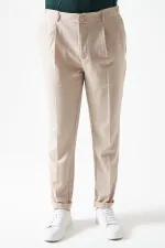 Erkek V008-Bej Yandan Lastikli Keten Efektli Tristan Dokuma Tek Pileli Duble Paça Pantolon