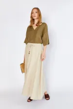 Women's Natural Skirt with Thick Stitching and Elastic Waistband