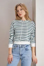 Women's Olive Green Three-Thread Striped Hooded Crop Sweatshirt