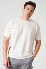 Erkek Bej Bisiklet Yaka Kol Ve Etek Ribanalı İki İp Rahat Kalıp Tişört