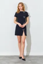 Kadın Siyah Bisiklet Yaka Kurdale Fiyonk Tokalı Elbise