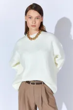 Kadın Krem Bisiklet Yaka Basic Triko Kazak