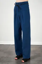 Kadın İndigo Yüksel Bel Deri Kemerli Poplin Pantolon