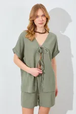 Kadın Haki Düşük Kol Bağlamalı Bluzlu Şortlu Keten Takım
