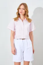 Kadın Toz Pembe Çift Cepli Düşük Kol Crop Gömlek