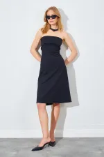 Kadın Siyah (1) Önü Katlı Straplez Krep Elbise