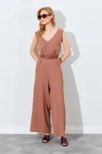 Kadın Mocha Sırtı Çapraz Bol Kesim Krep Tulum