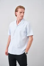 Erkek Mavi Kısa Kollu Apaş Yaka Gofre Flato Çizgili Regular Fit Gömlek