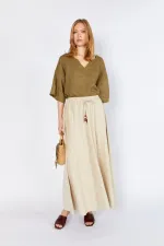 Women's Natural Skirt with Thick Stitching and Elastic Waistband