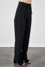 Kadın Siyah Yüksel Bel Deri Kemerli Poplin Pantolon