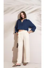 Kadın Taş Müslin Kumaş Beli Lastikli Palazzo Pantolon