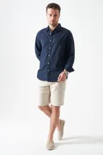 Erkek Lacivert Uzun Kol Basic Pamuk Flam Regular Gömlek