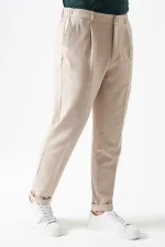 Erkek V008-Bej Yandan Lastikli Keten Efektli Tristan Dokuma Tek Pileli Duble Paça Pantolon