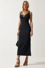 Kadın Siyah Çift Astarlı Bürümcük Kumaş Elbise