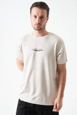 T-shirt beige à col rond pour homme en modal avec imprimé REFRESH