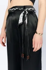 Women's Black Wide-Leg Trousers with Scarf Waistband and Flush Satin