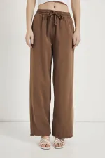 Kadın Kahve Beli Bağlamalı Geniş Piş Dikişli Paça Pantolon