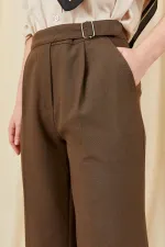 Women's Dark Brown 3522 Loose Fit Trousers with Side Buckle