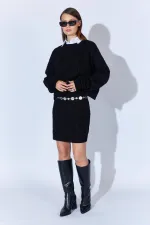 Kadın Siyah Saç Örgülü Etek Kazak Takım