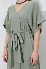 Kadın Haki Düşük Kol Beli Tünel Kemerli Keten Uzun Elbise