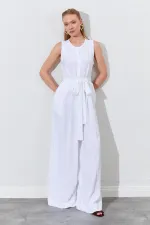 Kadın Beyaz Kolsuz Kuşak Bağlamalı Double Paça Tulum