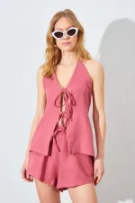 Kadın Gül Önü İp Bağlamalı Müslin Kumaş Bluzlu Şortlu Takım