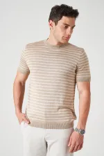 Erkek Bej Bisiklet Yaka Çizgili Triko Tişört