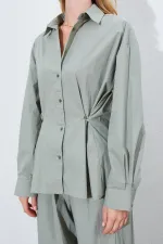 Kadın Çağla Bel Oturtmalı Bel Düğme Detaylı Gömlek