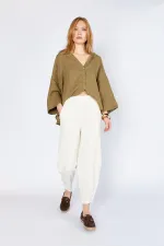 Kadın Ekru (5456) Önü Dikişli Balon Kesim Tencel Pantolon