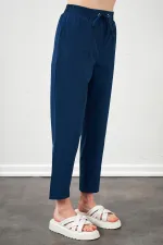 Kadın İndigo Beli Bağlamalı Havuç Paça Poplin Pantolon