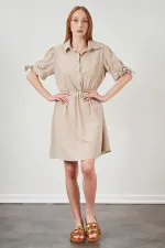 Kadın Bej Kolları Bağlamalı Poplin Elbise