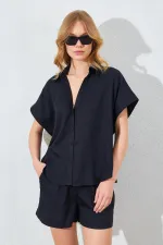 Kadın Siyah Oversize Düşük Kol Gömlek Şortlu Takım