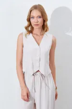 Women's Light Beige Vest with Welt Pockets and Back Detail