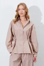 Kadın Vizon Bel Oturtmalı Bel Düğme Detaylı Gömlek