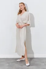 Kadın Taş Düşük Kol Yanları Yırtmaçlı Uzun Elbise