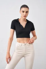 Kadın Siyah Polo Yaka Bürümcük Kumaş Crop