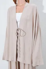 Kadın Koyu Bej Önü İp Bağlamalı Kimone Ceket