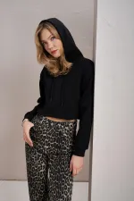 Women's Black Hooded Crop Sweatshirt with Ribbed Sides