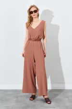 Kadın Mocha Sırtı Çapraz Bol Kesim Krep Tulum