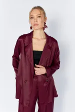 Women's Plum Gold Single Button Flush Satin Jacket