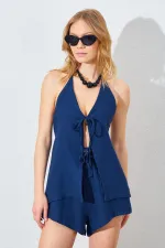 Kadın Açık Lacivert Önü İp Bağlamalı Müslin Kumaş Bluzlu Şortlu Takım