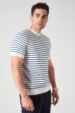 Erkek Ekru Bisiklet Yaka Çizgili Triko Tişört