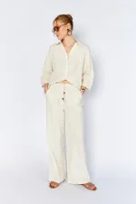 Kadın Ekru İçi Astarlı Bel Bağlamalı Pantolon